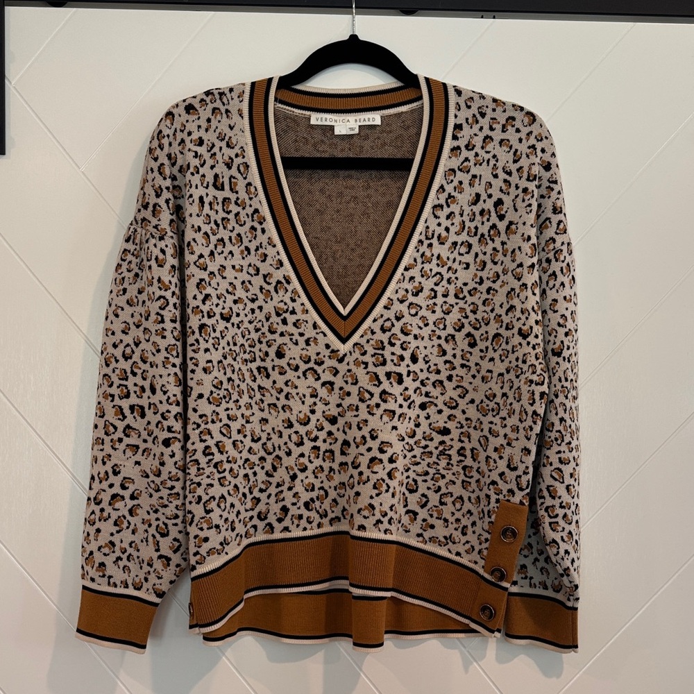 Veronica Beard Tan and Black Leopard V-Neck Sweater